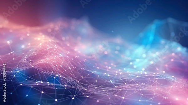 Obraz Network wave of dots and weave lines. Abstract pastel Background for design on the topic of cyberspace, big data, metaverse, data transfer on dark pastel abstract cyberspace