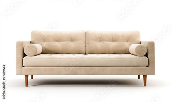 Fototapeta Soft empty beige sofa stands on white isolated background. comfortable fabric couch is alone against the background of white wall. copy space