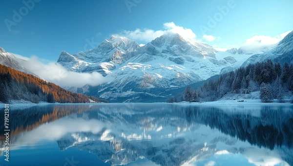 Fototapeta Hyper Realistic painting of Lake and mountains reflection in water, Stunning winter landscape, A serene mountain lake mirroring the snow-capped peaks.  Stunning photo. Generated AI.