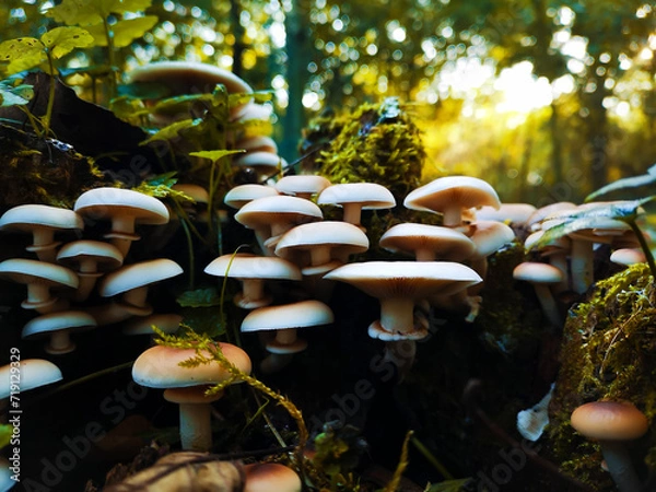 Fototapeta A group of white colored mushrooms on a tree trunk in the wet weather of the forest