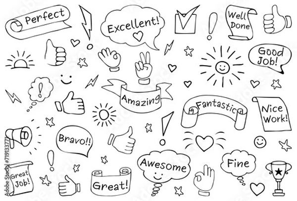Fototapeta Set of hand drawn vector line doodles in sketch style. Inspirational and motivational slogans, phrases, lettering quotes. Hand gestures: V sign for victory or peace, hand showing ok, thumb up, like.