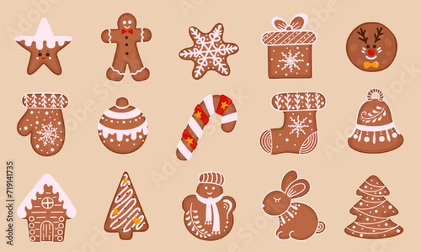 Obraz Christmas Gingerbread Cookie. Set of winter homemade biscuits in the form of different characters and holiday items. Vector Illustration for backgrounds and packaging. Isolated on white background.