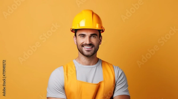 Fototapeta Handsome young man with protective helmet on his head and arms crossed, isolated on white background with copyspase