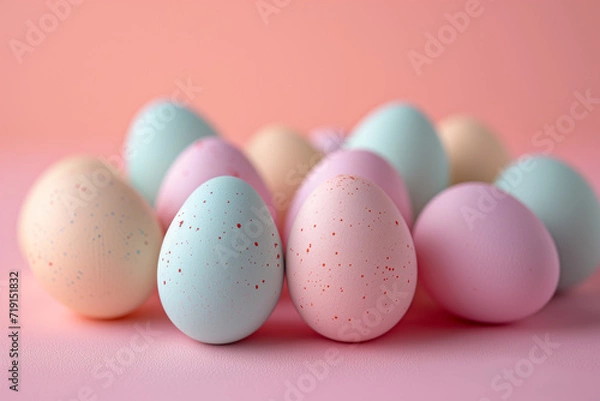 Fototapeta A delightful image featuring a collection of pastel-colored Easter eggs, arranged in a visually pleasing composition, evoking a sense of springtime joy and festive celebration.