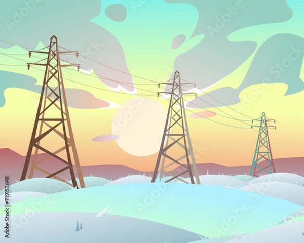 Fototapeta High voltage power line. Energy supply. Metal frame poles support wires. Winter snow landscape with snowdrifts and hills. Frost sunset. Cartoon fun style. Flat design. Vector
