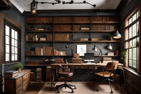 Fototapeta A rustic home office with a reclaimed wood desk, vintage typewriter, and shelves lined with leather-bound books, offering a serene and inspiring workspace.