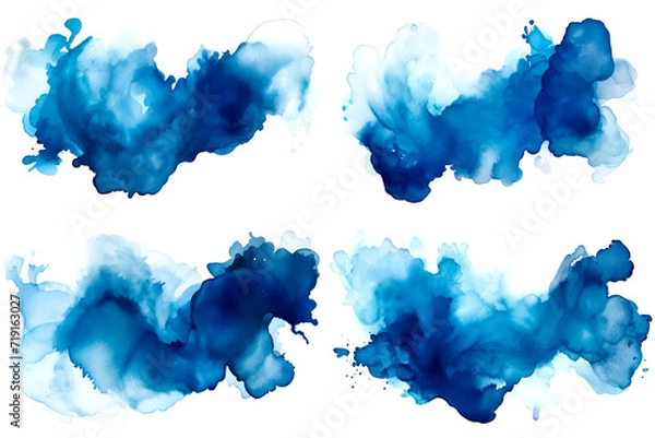 Fototapeta set of abstract blue saphire navy color watercolor splashes isolated