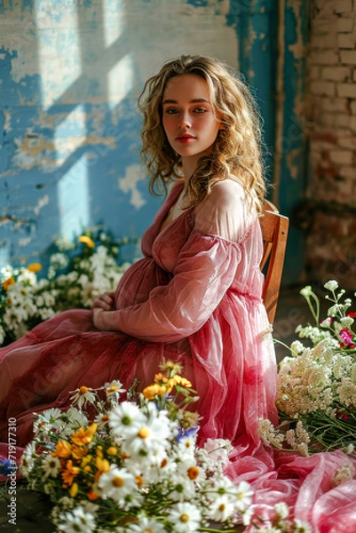 Fototapeta Beautiful Pregnant Woman holds her Belly in Joyful Anticipation Wallpaper Digital Art Magazine Background Poster Card