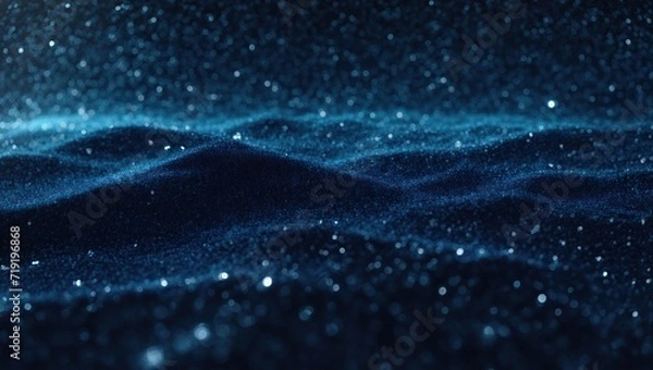 Fototapeta Abstract dark blue digital background with sparkling blue light particles and areas with deep depths Particles form into lines, surfaces and grids