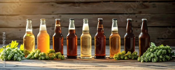 Fototapeta line of craft beer bottles on rustic wooden surface