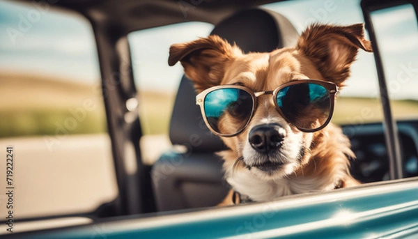 Obraz Head of happy lap dog in sunglasses looking out of car window
