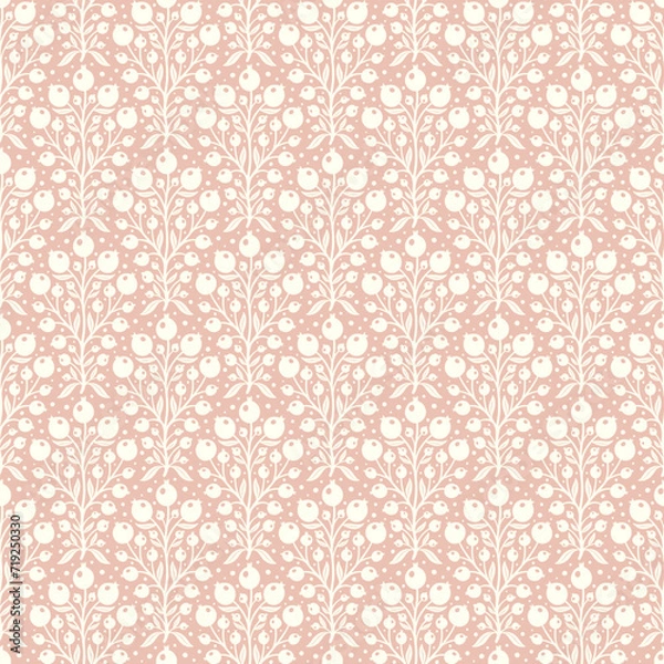 Fototapeta Hand drawn decorative doodle berries seamless pattern, silhouette scandinavian simple flower texture