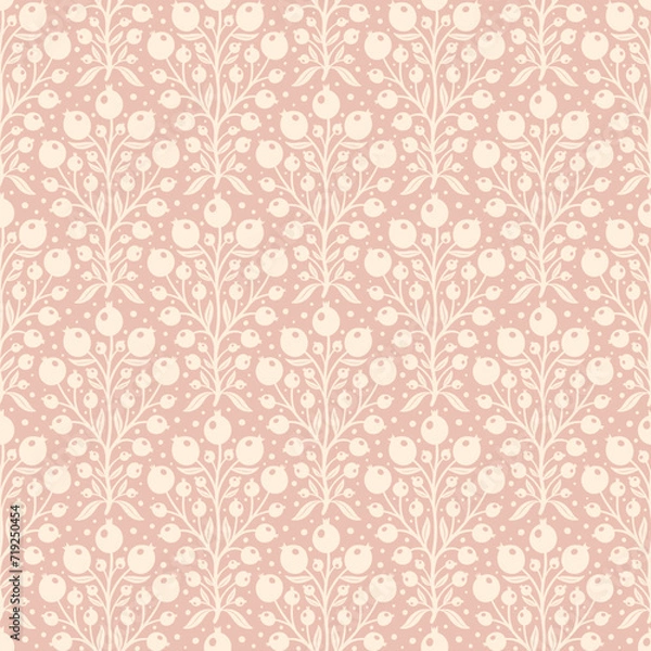 Fototapeta Hand drawn decorative doodle berries seamless pattern, silhouette scandinavian simple flower texture