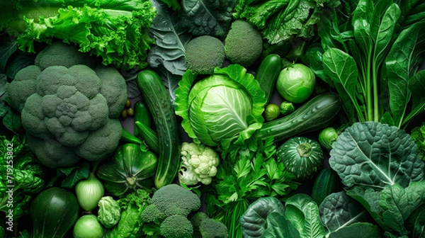 Fototapeta A close-up top view of fresh green vegetables including broccoli, zucchini, and leafy greens, ideal for a healthy diet, nutrition concepts, and recipe ingredients. 