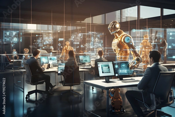 Fototapeta Business Meeting of humans and robots (AI) in Office Conference Room with Hologram