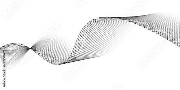 Fototapeta Flowing dots particles wave pattern 3D curve halftone black gradient curve shape isolated on white background. Vector in concept of technology, science, music, modern lines swirl dots