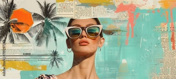 Fototapeta Chic summer mood board with a stylish woman in oversized sunglasses, featuring vintage cut-and-paste palm trees and vibrant abstract elements.