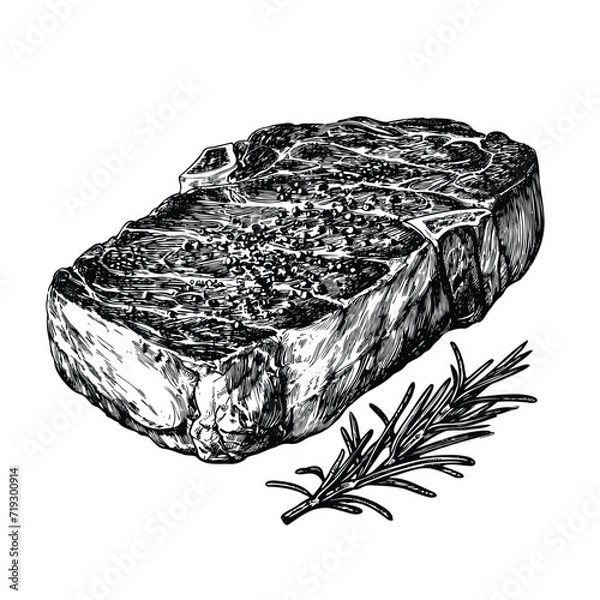 Fototapeta hand drawn illustration of beef steak served with rosemary, black and white ink illustration isolated on white background, vector art