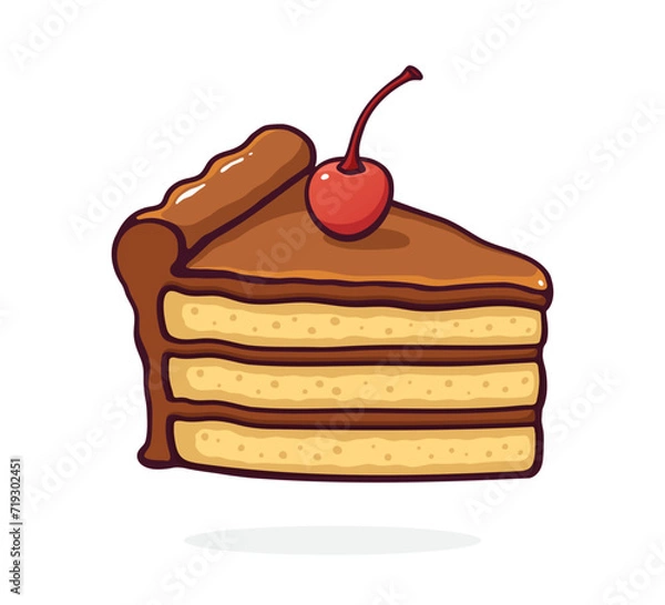 Fototapeta Piece of Cake with Chocolate Cream and Glaze and Cherry. Dessert Food. Vector Illustration. Hand Drawn Cartoon Clip Art With Outline. Graphic Element for Design. Isolated on White Background
