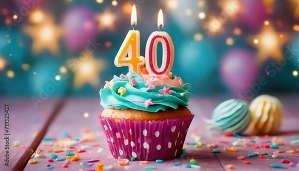 Obraz Birthday cupcake with burning lit candle with number 40. Number thirtynine for thirtynine years or thirtyninth anniversary.