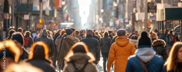 Fototapeta Back view of diverse pedestrians walking on a bustling city street bathed in golden hour light
