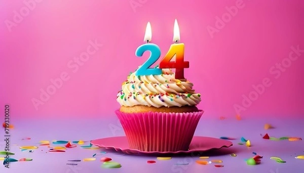 Obraz Birthday cupcake with burning lit candle with number 24. Number twentyfour for twentyfour years or twentyfourth anniversary.