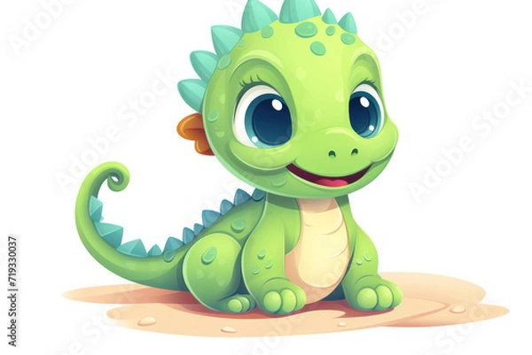 Fototapeta Cute 3D amusing little dinosaur with big eyes kids cartoon illustration isolated on white. Funny lovely dinosaur, hand drawn comic painting for package, postcard, brochure, book, greeting card