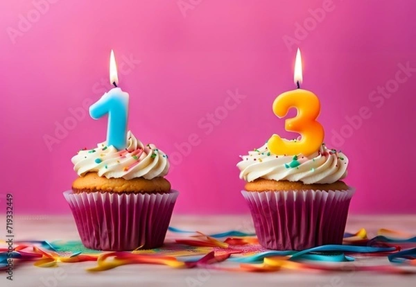Fototapeta Birthday cupcake with burning lit candle with number 13. Number Thirteen for Thirteen years or thirteenth anniversary.