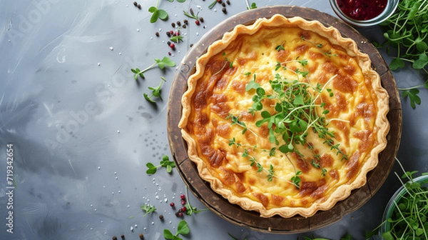 Fototapeta Quiche Lorraine pie with beechwood smoked bacon, creamy Cheddar cheese and free-range egg in shortcrust pastry on a white plate and modern white background. Flat-lay or top view banner with copy space