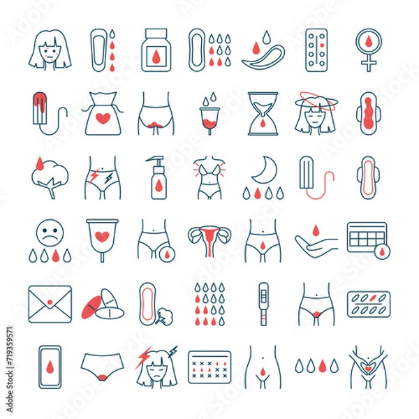 Obraz Set of menstruation period icons. Various feminine hygiene products, menstrual protection elements. Tampons, reusable pads, panties, menses emotional mood. Isolated flat vector illustration
