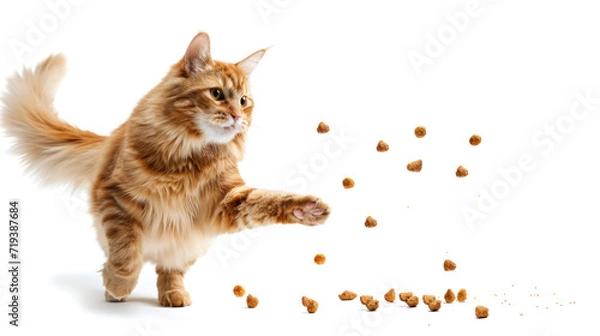 Obraz A happy, bouncing cat plays with dry cat food that falls on a white background. The concept of healthy food for cats.