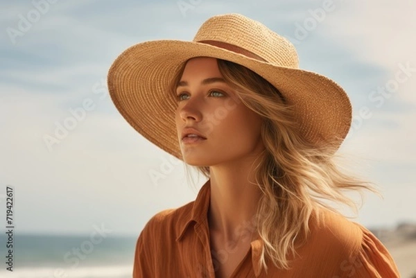 Fototapeta A woman in a stylish straw hat enjoys the sunny beach while sporting a casual outfit.