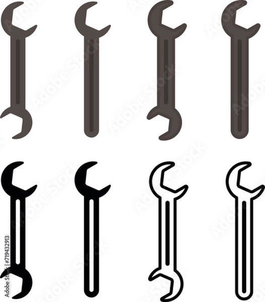 Fototapeta A wrench. Silhouette of a wrench. A set of brown and black icons.