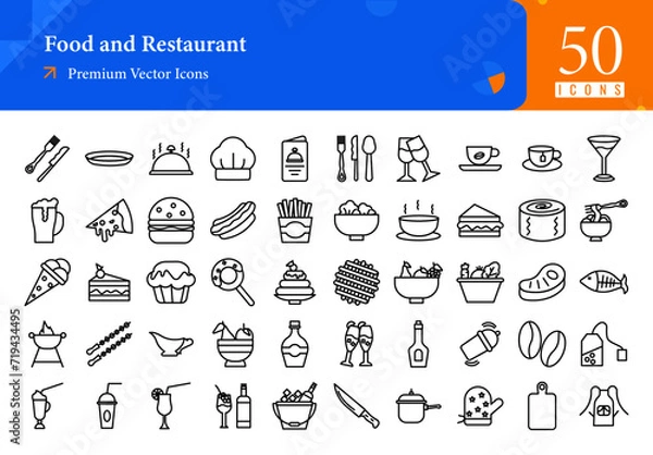 Fototapeta Set of food icons. food and restaurant web icons in line style. fork, knife, food, menu, chef hat, tea cup icon collection. Line icons pack. vector illustration ai eps file