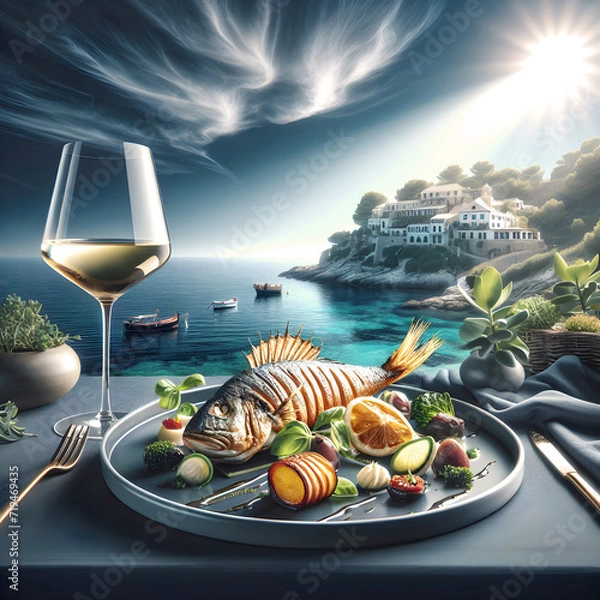 Fototapeta A fried fish on a plate and a glass of white wine against the backdrop of the southern sea and blue sky. meal on the Mediterranean coast