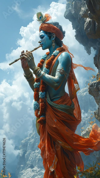 Fototapeta Lord Krishna, with the bright smile,playing flute standing above the clouds