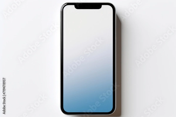 Fototapeta Smart phone with blue screen is pictured sitting on white surface. This versatile image can be used to illustrate technology, communication, or smartphone issues