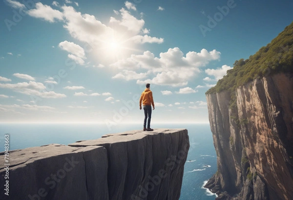Fototapeta Edge of Dunning-Kruger Abyss  - Illustration could show a person teetering on the brink of a vast chasm, convinced of their invincibility despite the looming risk.