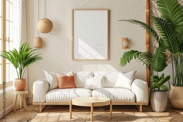 Fototapeta Inviting Living Room With Springthemed Decor And Stylish Mockup Poster