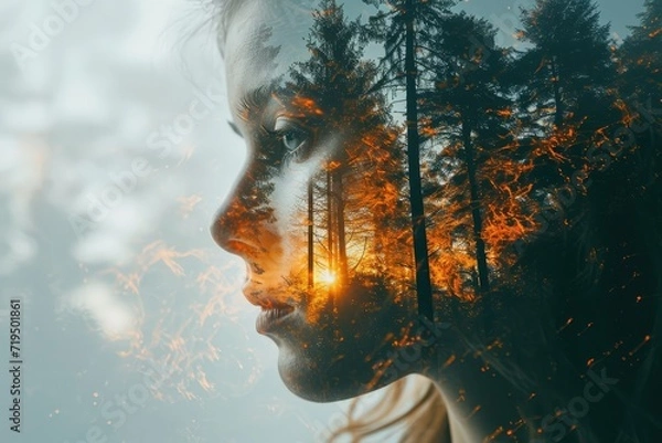 Fototapeta The problem of forest fires. A female silhouette merging with the burning trees in the forest.