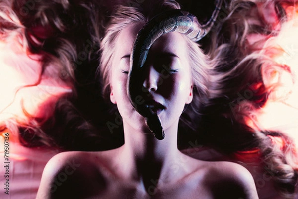 Obraz Snake python shooting on blond young woman with light effekts