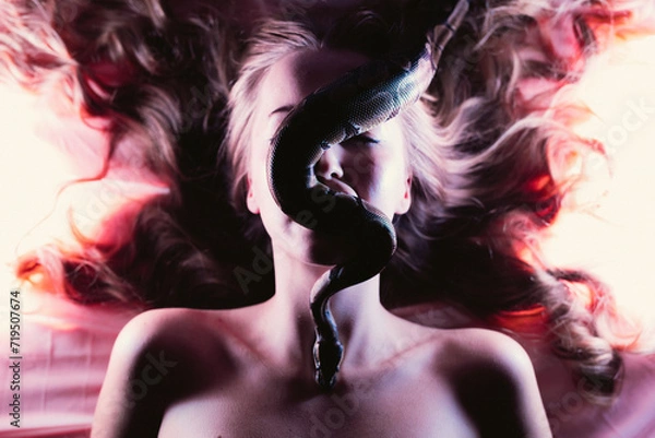 Obraz Snake python shooting on blond young woman with light effekts