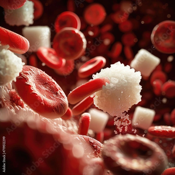 Fototapeta Sugar in the blood. blood cell with cube of sugar. 