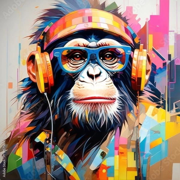 Fototapeta portrait of a monkey with headphones ontent created with generative AI software