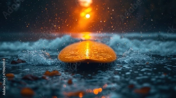 Fototapeta  a yellow object floating on top of a body of water with a bright light in the middle of the picture and water splashing all over the top of it.