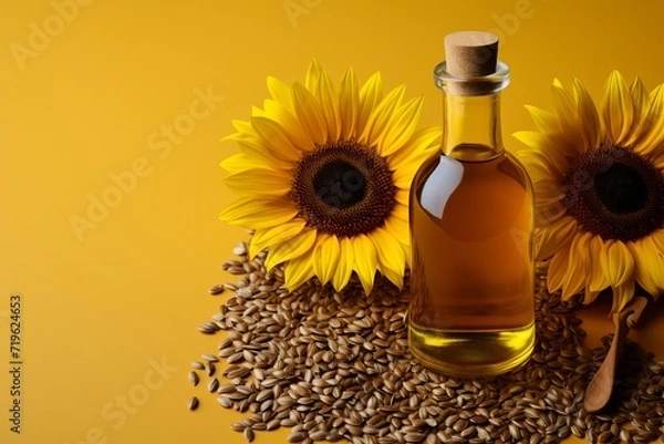 Obraz Glass bottle of sunflower oil embellished with soft yellow backdrop for culinary concept