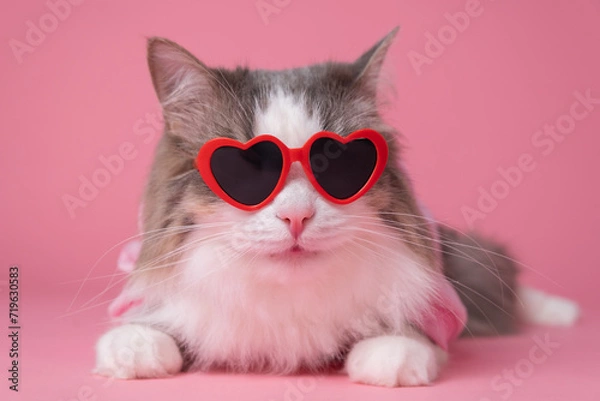 Fototapeta Portrait of a funny fluffy cat wearing heart sunglasses on a pink background. Cute pet for valentine's day, march eighth, wedding.