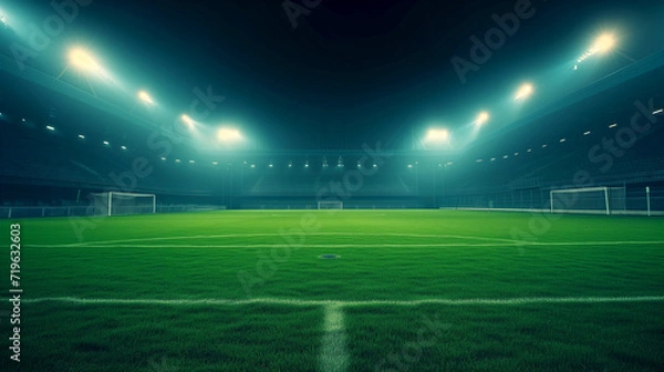 Fototapeta professional empty football stadium at night illuminated by powerful modern floodlights