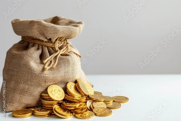 Fototapeta Gold bitcoins in sack bag on a white table