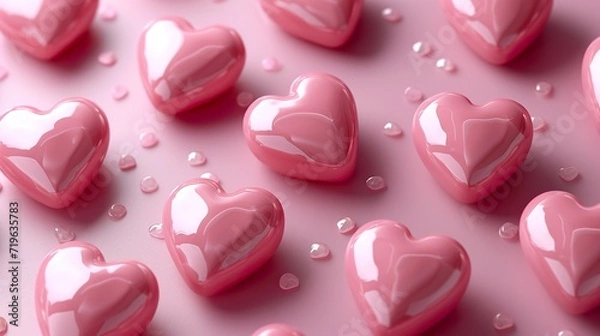 Fototapeta A background with pink hearts on a pink background in minimalist trend. Pink hearts in soft tones for Valentine's or wedding day. Concept symbolizing love.